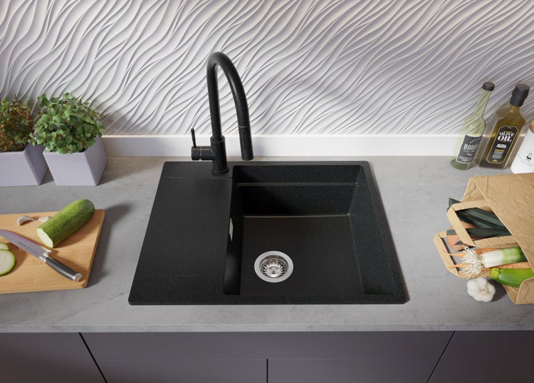 PRIMAGRAN Granitspüle Anthrazit 62x50cm, Spülbecken 1 Becken + Küchenarmatur 40x20cm + Ablauf-Set + Aufrollbare Abtropffläche, Küchenspüle ab 50er Unterschrank - San Francisco