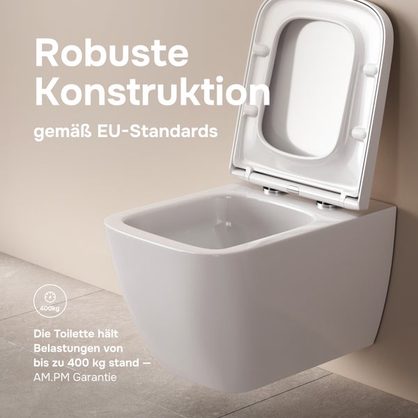 Wandhänge-WC mit WC-Sitz, robuste Konstruktion gemäß EU-Standards, belastbar bis 400 Kilogramm, AM.PM Marke.