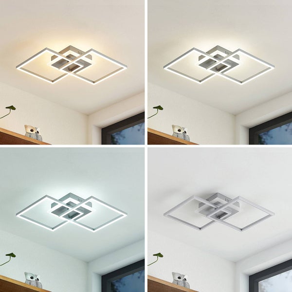 Moderne LED-Deckenleuchte mit vier quadratischen Rahmen in verschiedenen Lichtfarben: warmweiß, neutralweiß, tageslichtweiß und ausgeschaltet.