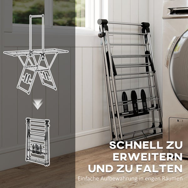 Zusammenklappbarer Wäscheständer aus Metall, platzsparend verstaut neben einer Waschmaschine. Zeichnungen zeigen das einfache Auf- und Zuklappen.