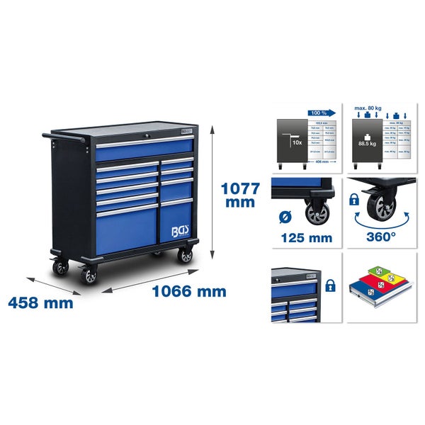 Werkstattwagen mit Schubladen und Maßen