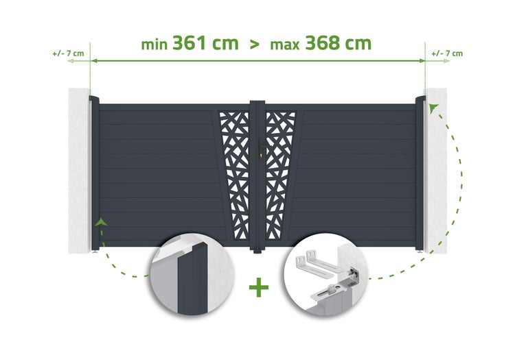 Doppeltor mit dekorativem Muster, Breite verstellbar von 361 bis 368 Zentimeter, inklusive Montagematerial.