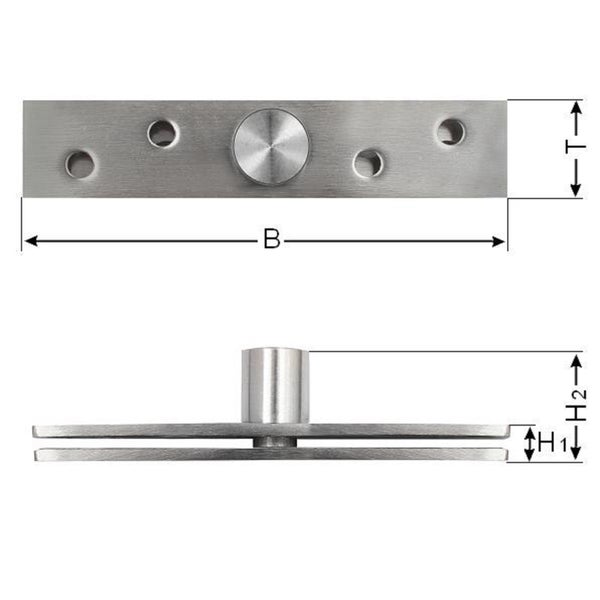 Technisches Zeichnung eines Edelstahl Glastürscharniers mit Maßangaben für Breite, Tiefe und Höhe.