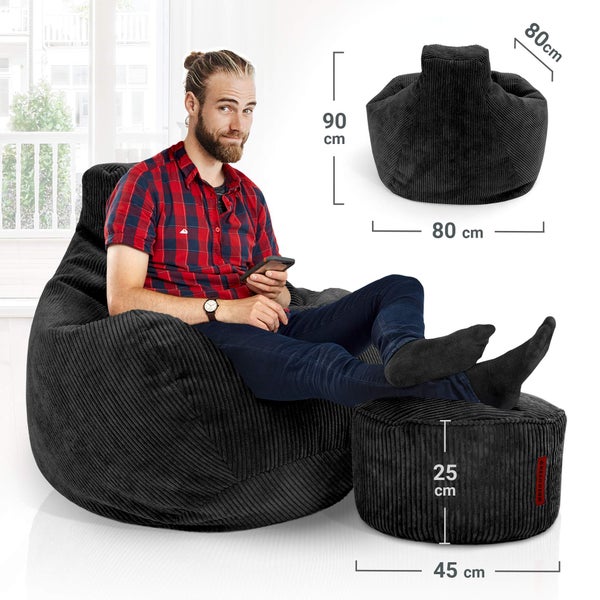 Green Bean Sitzsack mit Hocker aus Cord - Sitzsäcke für das Wohnzimmer, Schlafzimmer, Sitzsack-Sessel für Erwachsene Schwarz