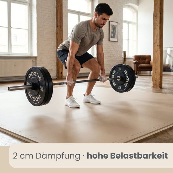 Ein Mann beim Krafttraining mit einer Langhantel auf einer beigen Bodenschutzmatte mit 2 Zentimeter Dämpfung und hoher Belastbarkeit.