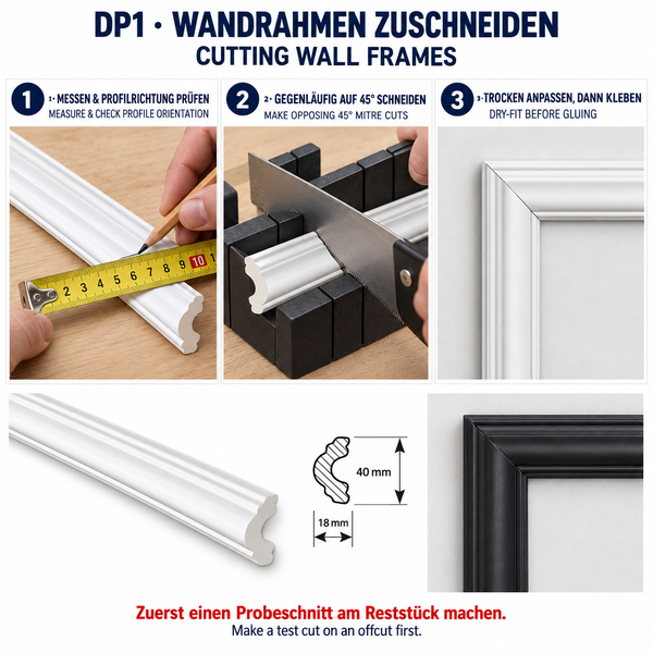 Anleitung zum Zuschneiden von Wandleisten mit Gehrungsschnitt in drei Schritten inklusive Bemaßung der Profilleiste.