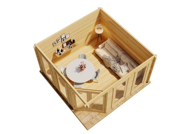 Innenansicht eines Holzgartenhauses mit Tisch, Stühlen und Sofa