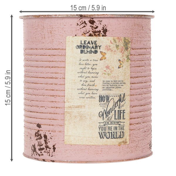 Dekorativer Blechtopf im Vintage-Stil, rosa mit gerippter Oberfläche und antikem Etikett, Höhe 15 Zentimeter, Durchmesser 15 Zentimeter.