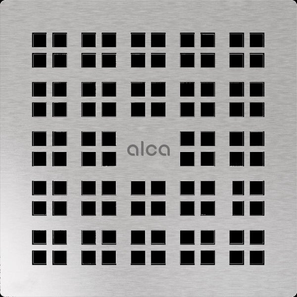 Quadratische Duschrinnenabdeckung aus Edelstahl mit quadratischem Lochmuster und Alca Logo