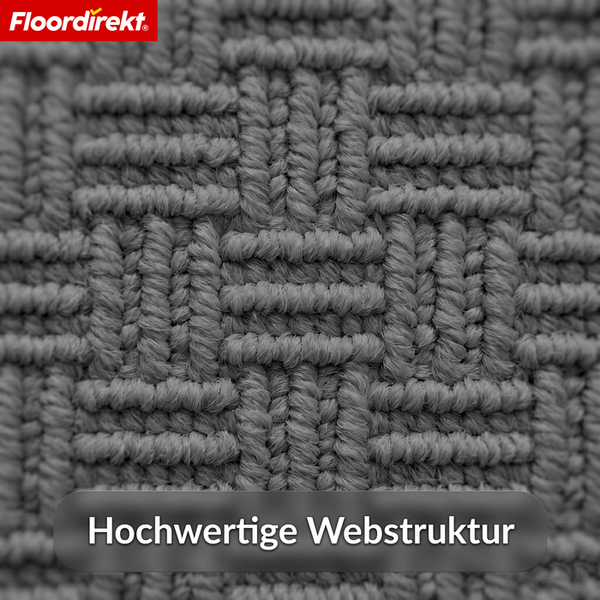 Hochwertige Webstruktur eines Teppichs mit geometrischem Muster und Floordirekt Logo.