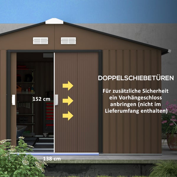 Outsunny Gerätehaus 12,4 m², Gartenhaus mit Pultdach, Schiebetür, Fundament, 386 x 340 x 200 cm, Geräteschuppen aus Verzinkter Stahl, wetterfest, für Garten, Braun