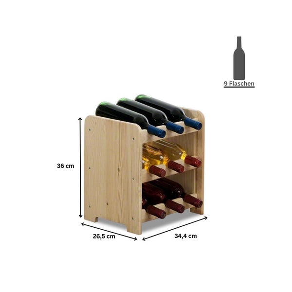 PROREGAL Weinregal Pinotwine C HxBxT 36 x 34,4 x 26,5 cm 9 Flaschen Massives Kiefernholz Natur Unbehandelt