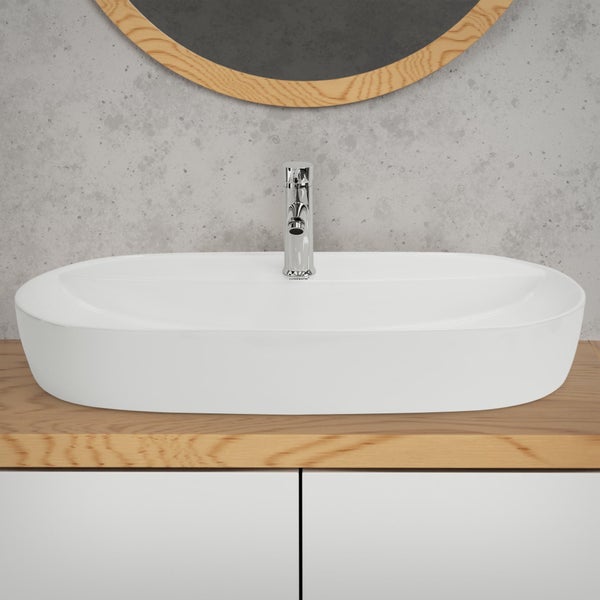 ML-Design Waschbecken aus Keramik in Weiß 80x40x12 cm Oval inkl. Ablaufgarnitur, Moderne Aufsatzwaschbecken, Design Waschtisch Aufsatz-Waschschale Waschplatz Handwaschbecken, für Badezimmer/Gäste-WC