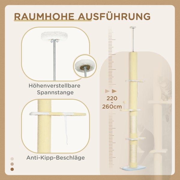 PawHut Kratzbaum, Deckenhoch Katzenbaum, 220-260 cm Höhenverstellbar Katzenkratzbaum, Spielbaum mit Kippschutz, Kletterbaum mit Spielball, Plüsch, Gelb