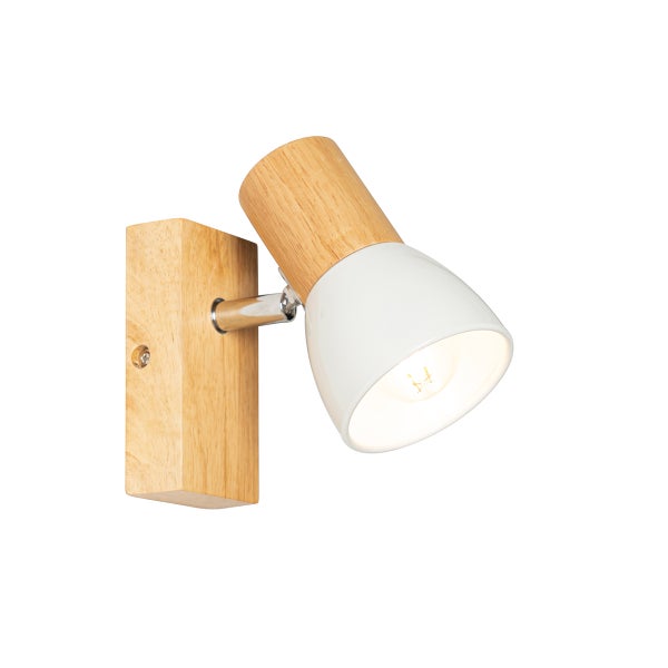 Wandstrahler aus Holz mit verstellbarem Leuchtenkopf und Metallhalterung für Wohnräume.