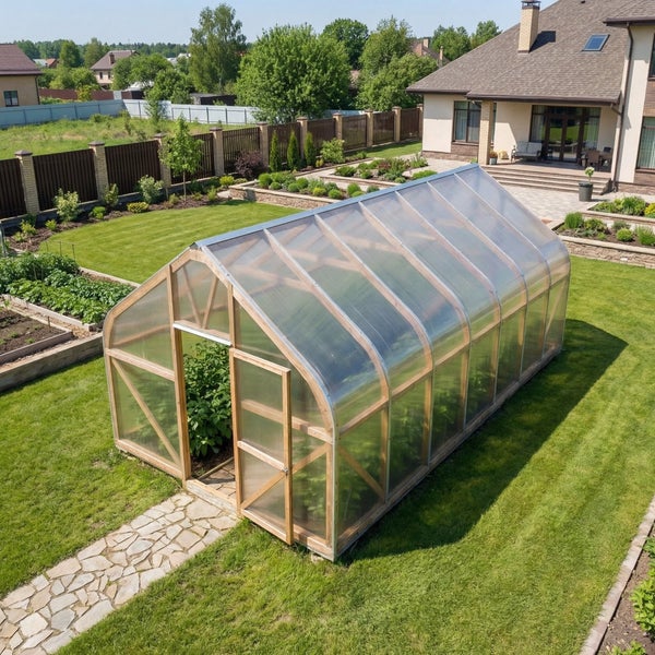 Großes Gewächshaus mit Holzrahmen und transparenten Platten in einem gepflegten Garten mit Rasen und Steinweg.