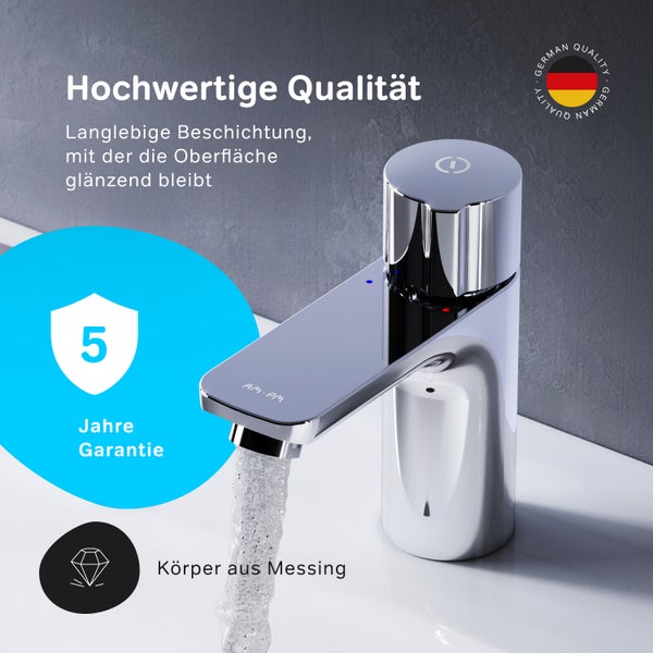 Waschtischarmatur aus Messing mit langlebiger Oberflächenbeschichtung, inklusive 5 Jahre Garantie und German Quality Siegel.