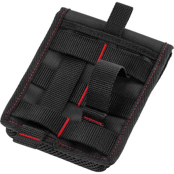 Schwarze Werkzeugtasche aus Textil mit roten Nähten, elastischen Schlaufen und Gürtelschlaufe.