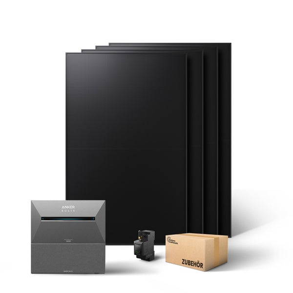 Balkonkraftwerk Set mit vier schwarzen Solarmodulen, Anker Solix Stromspeicher, Smart Meter und Zubehörkarton.