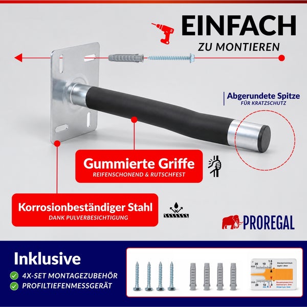 Wandhalterung fuer Reifen mit gummiertem Haltearm aus Stahl inklusive Montagematerial und Profiltiefenmesser