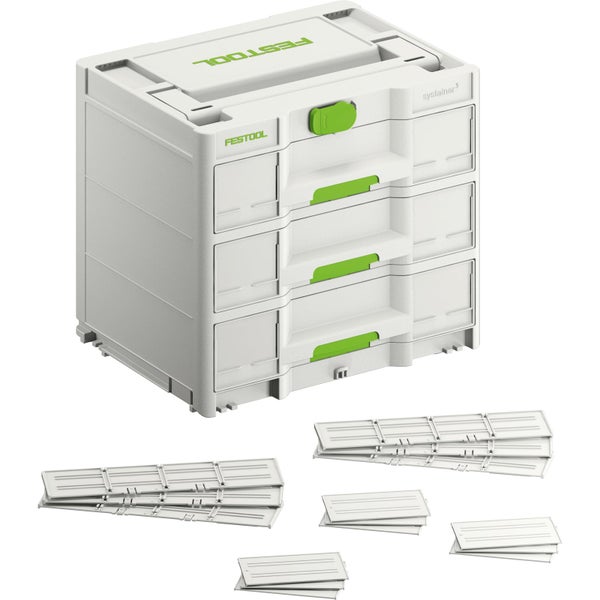 Festool Systainer mit drei Schubladen inklusive Trennsteg-Sets für Werkzeug und Kleinteile. Festool Logo.