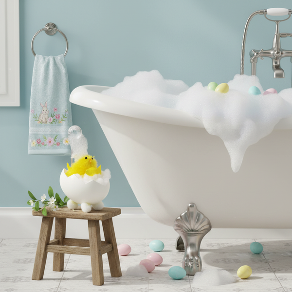 Helles Badezimmer mit einer freistehenden Badewanne voller Schaum, dekoriert mit einem Küken, Eiern und einem Handtuch mit Hasenmotiv.
