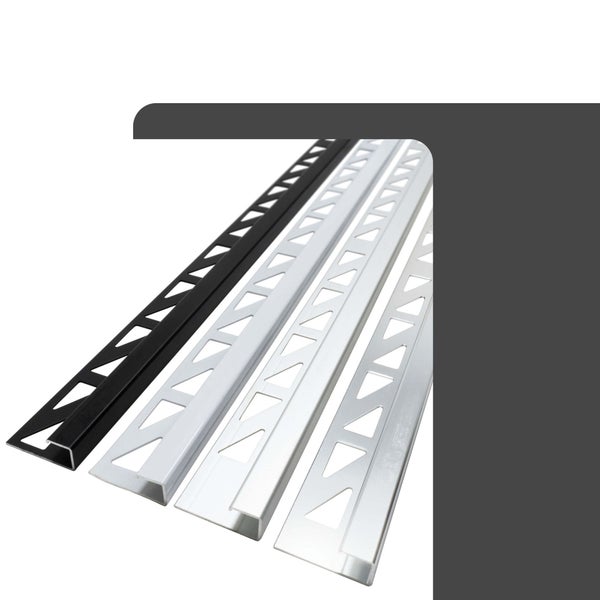 Quadratische Fliesenschienen aus Aluminium in verschiedenen Ausführungen für einen sauberen Kantenabschluss bei Fliesen.