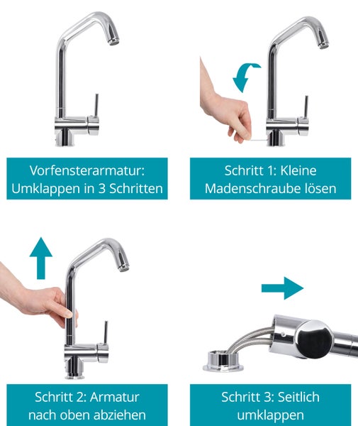 Calmwaters® Klappbare Vorfensterarmatur Honest Extra, Wasserhahn Küche, Spültischarmatur für Unterfenstermontage, drehbar & abnehmbar, Einhebelmischer, Keramikkartusche, Messing, Chrom, 12PZ5070