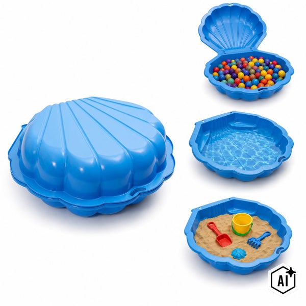 Sandmuschel aus Kunststoff, verwendbar als Sandkasten oder Planschbecken, mit Spielzeug und Bällen für den Außenbereich.