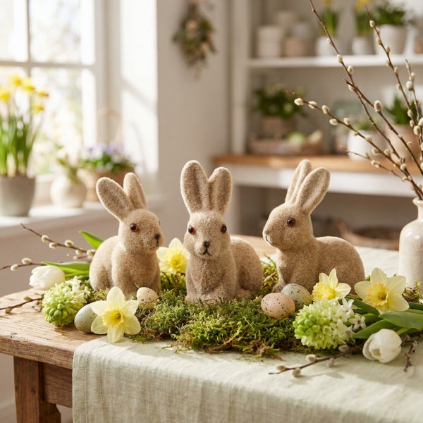 Drei Osterhasen Figuren auf einem Tisch dekoriert mit Moos, Osterglocken, Hyazinthen und kleinen Ostereiern für eine frühlingshafte Tischdeko.