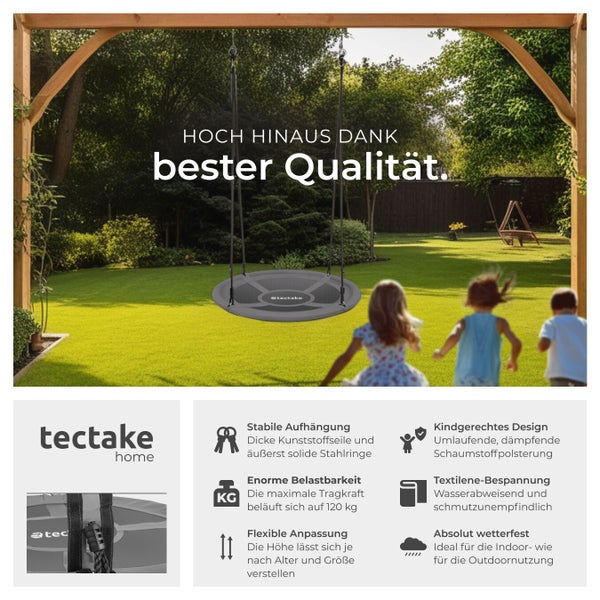 Tectake Home Logo mit Produktinformationen zu einer Nestschaukel im Garten mit spielenden Kindern und Werbetext