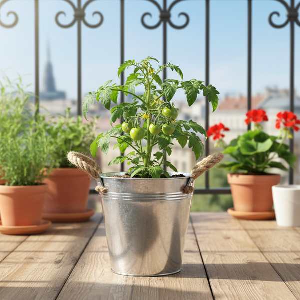 Tomatenpflanze mit grünen Früchten in einem Metalleimer mit Seilgriffen auf einem Holzbalkon.
