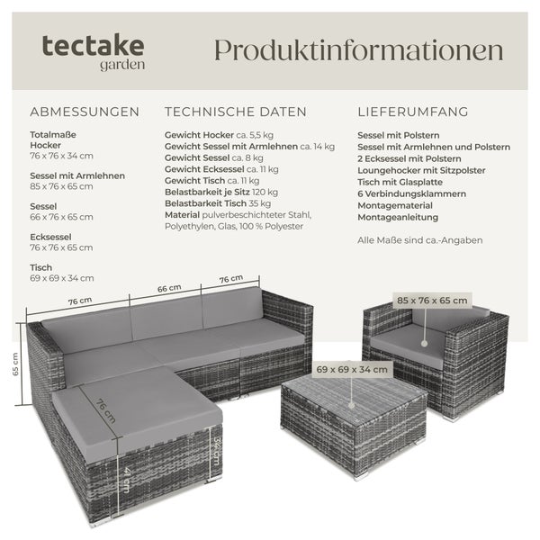 Rattan Lounge tectake Milano mit Sicherheitsglasplatte für 4 bis 5 Personen grau