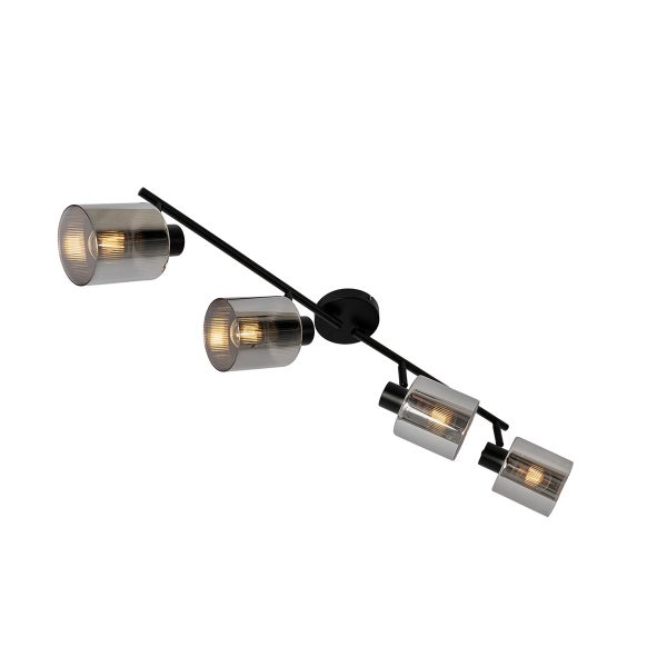 Vierflammiger Deckenstrahler mit schwarzer Metallstange und vier zylindrischen Rauchglasschirmen.