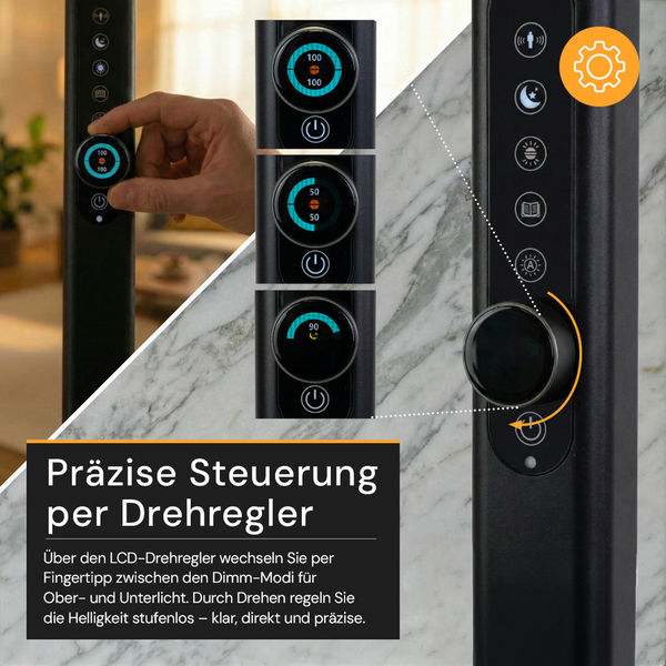 Bedienfeld einer Leuchte mit Drehregler und digitaler Anzeige zur stufenlosen Helligkeitseinstellung und Auswahl von Dimmmodi.