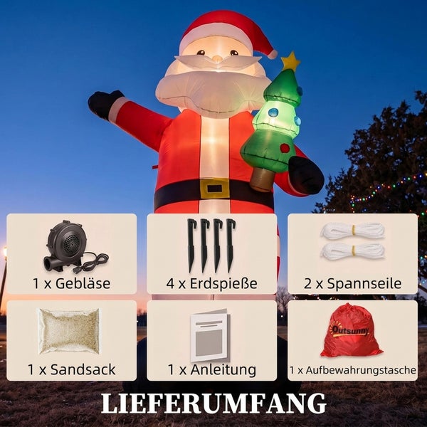 Aufblasbarer Weihnachtsmann mit Zubehör bestehend aus Gebläse, vier Erdspießen, zwei Spannseilen, Sandsack, Anleitung und Outsunny Aufbewahrungstasche