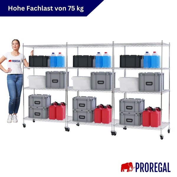 PROREGAL Drahtregal auf Rollen mit drei Sektionen, beladen mit Kisten und Kanistern. Hohe Fachlast von 75 Kilogramm pro Boden. PROREGAL Logo.