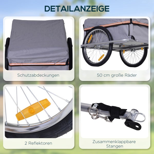HOMCOM Lasten-Fahrradanhänger, Transportanhänger, 140L x 88B x 60H cm, 600D Oxford, Stahlrohr, Grau
