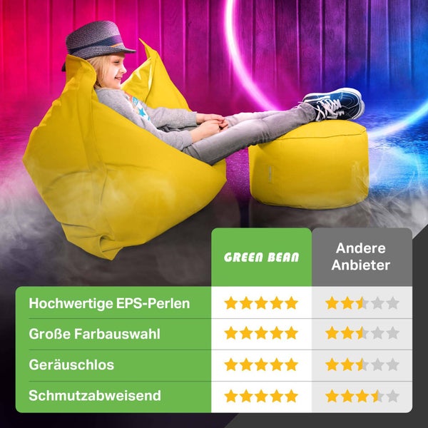 Green Bean Sitzsack-Hocker 45x25cm mit EPS-Perlen Füllung - Fußhocker Fußkissen Sitz-Pouf für Sitzsäcke - Bodenkissen für Kinder und Erwachsene - Fußablage Sitzkissen Sitzhocker Gelb