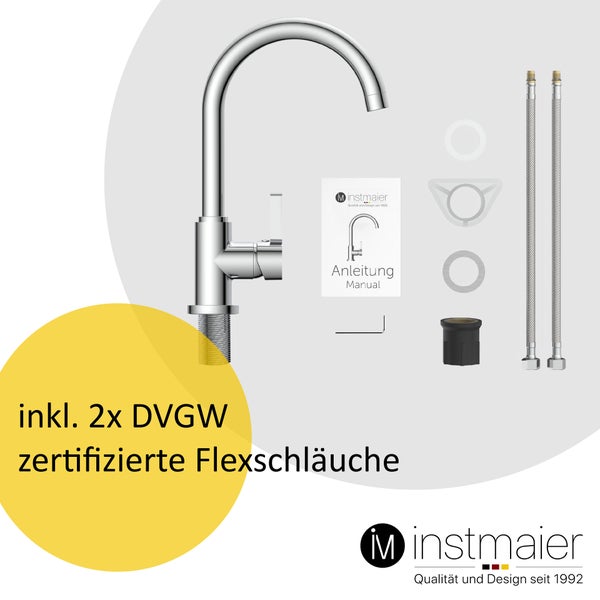 instmaier Küchenarmatur K3 | 360° schwenkbar | Wasserhahn Küche | Spültischarmatur Chrom | Hoher Auslauf | mit Zentralverschraubung