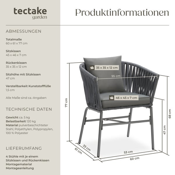 Stuhlset tectake Valeiras 60 x 61 x 77 cm Geflecht im Rope-Design dunkelgrau/dunkelgrau