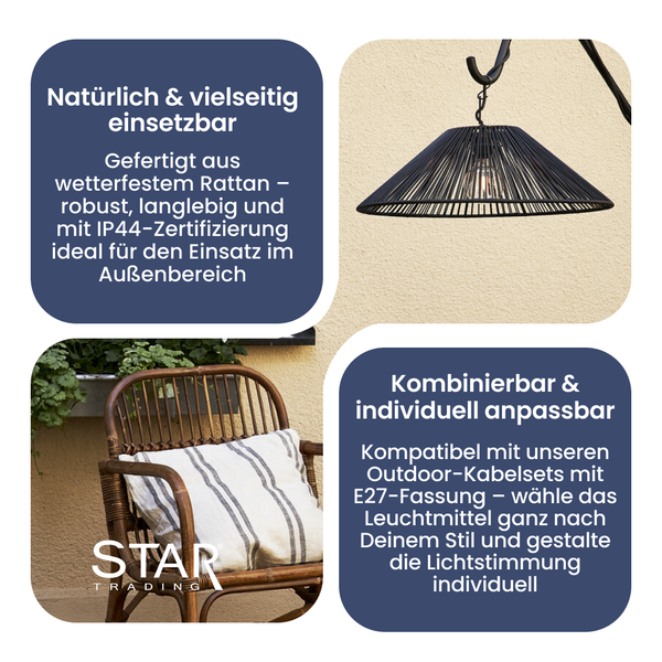 Gartenszene mit Rattan-Hängelampe, Rattan-Stuhl und Kissen