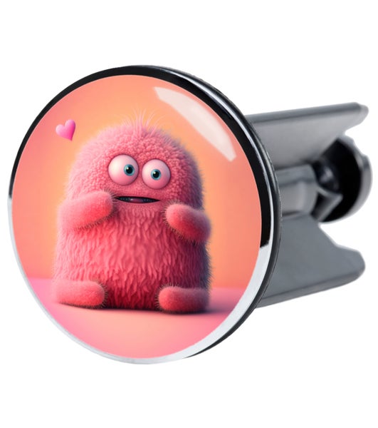 Waschbeckenstöpsel mit einer Abbildung eines pinken Monsters