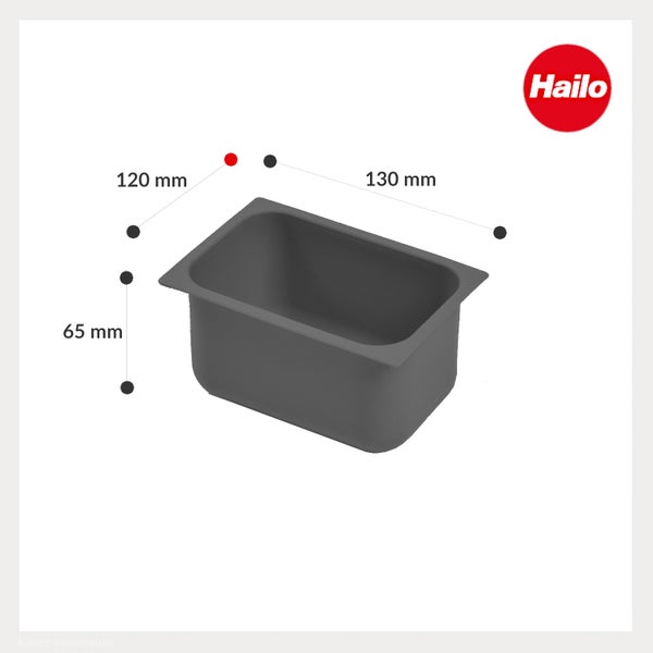 Hailo Kunststoffeinsatz grau, 130 Millimeter mal 120 Millimeter mal 65 Millimeter. Hailo Logo.