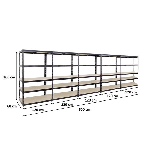 PROREGAL Mega Deal 5x Schwerlastregal Giant Tiger HxBxT 200 x 120 x 60 cm Fachlast 265 kg 5-Ebenen Schwarz