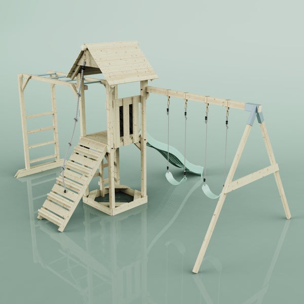 Spielplatz aus Holz mit Rutsche, Schaukel und Klettergerüst