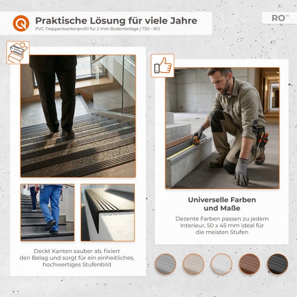 PVC-Treppenkantenprofil für zwei Millimeter Bodenbeläge, Anwendung auf Treppenstufen, Montage durch Handwerker und Auswahl verschiedener Farben.