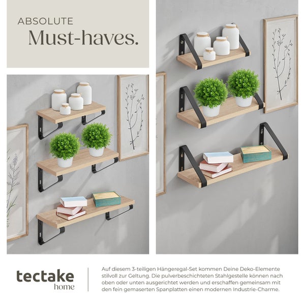 3er Set Wandregal tectake Cowell Höhe 12 cm Industrial Style Industrial Holz hell, Eiche Sonoma