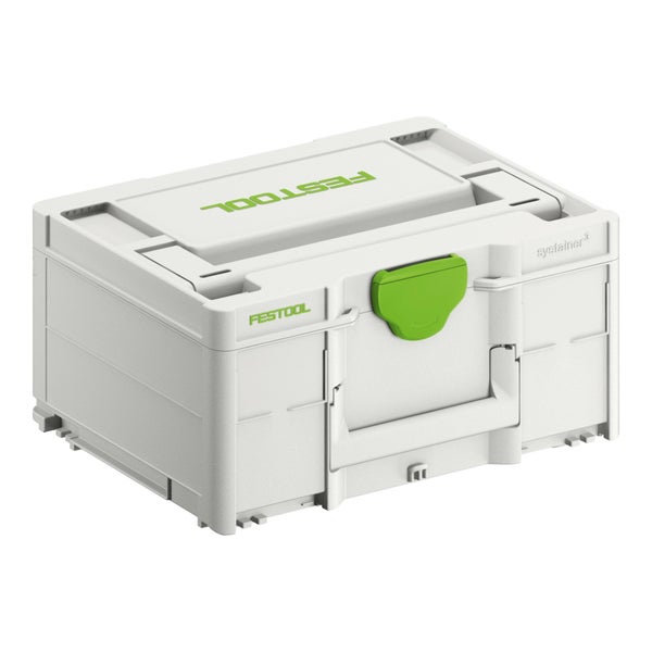 Festool Systainer³ Werkzeugkoffer aus robustem Kunststoff mit Tragegriff, Verschluss und Festool Logo.