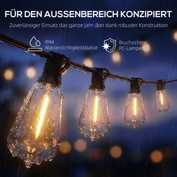 LED Lichterkette für den Außenbereich, Schutzart IP44 gegen Spritzwasser, bruchsichere Kunststofflampen aus Polycarbonat, wetterfest.